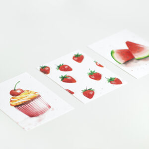 Postkartenset Aquarell Watercolor mit Cupcake Wassermelone und Erdbeeren