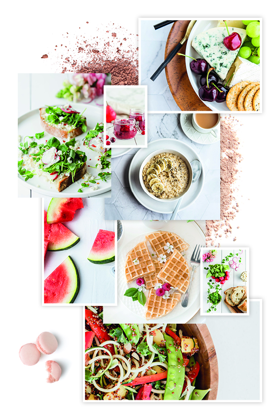 Rezeptbuch Moodboard mit Waffeln Bowls und leckerem Obst