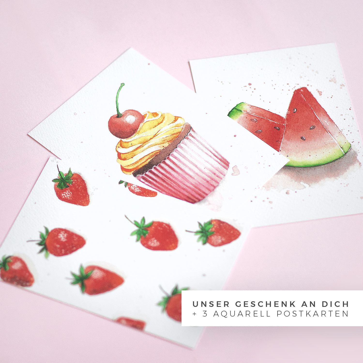 Postkarte Aquarell mit Erdbeeren Cupcake und Melone als Beilage zum Rezeptbuch