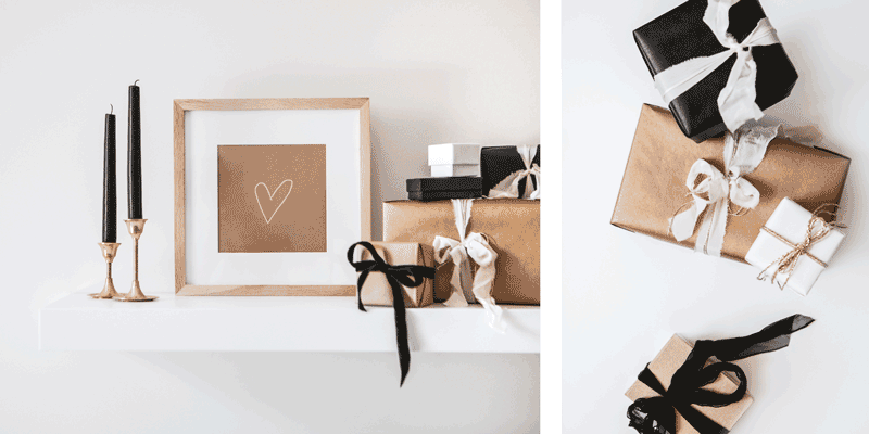Geschenke in Kraftpapier und schwarzem Papier verpackt